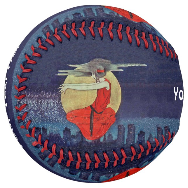 Mysterious Lady in Red Floating over city Blue Softball (Front Left)