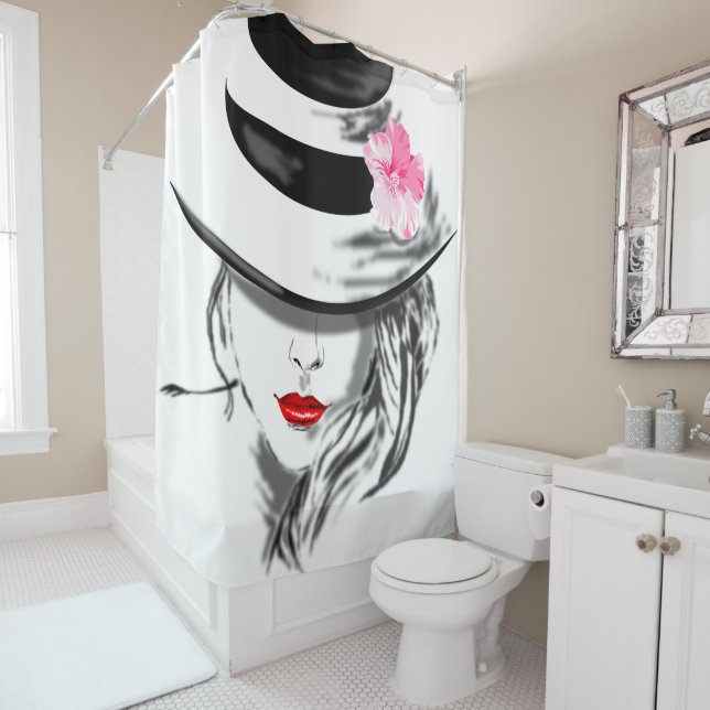Mysterious Lady Shower Curtain Woman with Hat (In Situ)