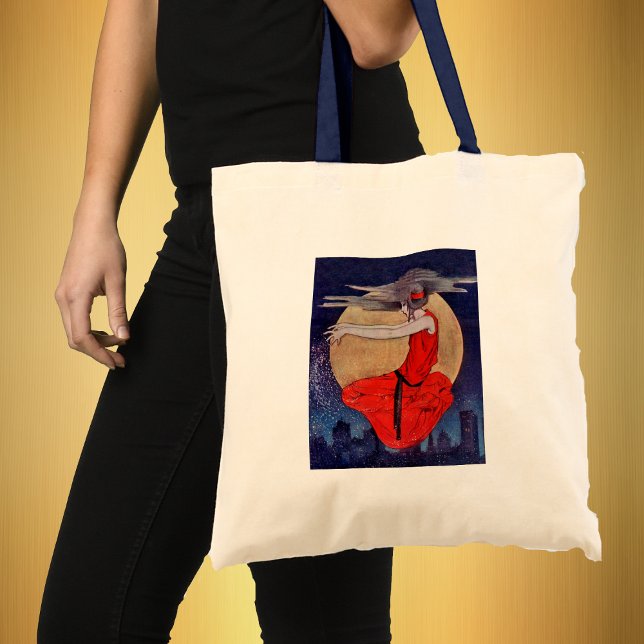 Mysterious Magical Woman in the Moon Bag (Magical woman floating in night sky over city lights on tote bag.)