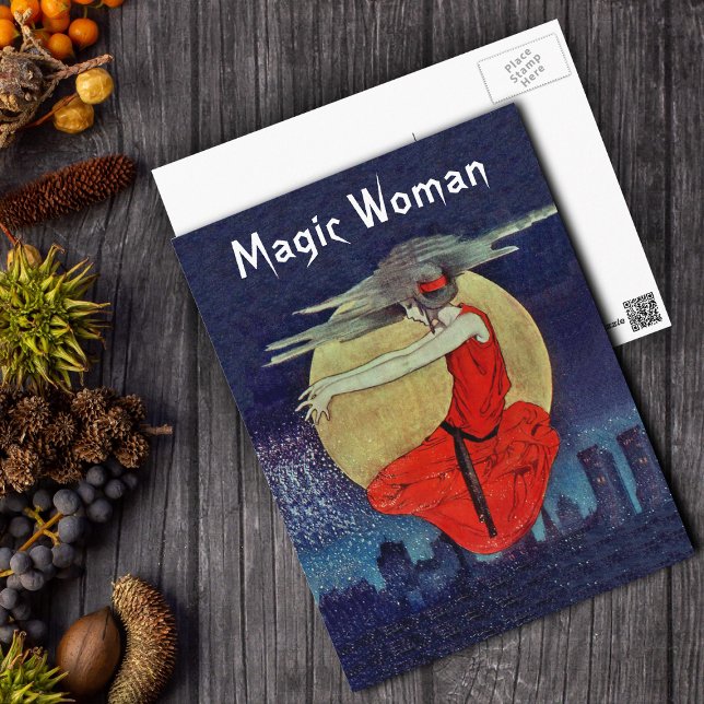 Mysterious Magical Woman in the Moon Magnet Postcard (Magic witch woman floating over city at night by full hazy moon on postcard.)
