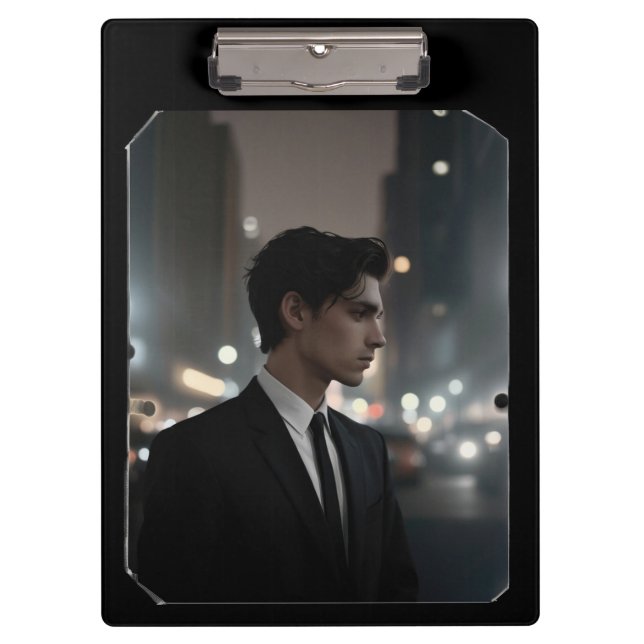 Mysterious Man in Suit at Night – Cinematic Urban  Clipboard (Front)