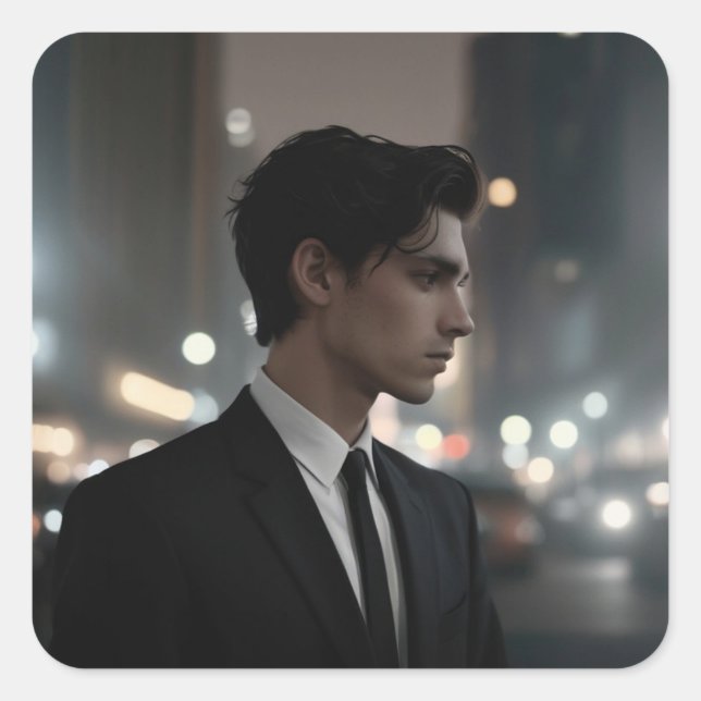 Mysterious Man in Suit at Night – Cinematic Urban  Square Sticker (Front)