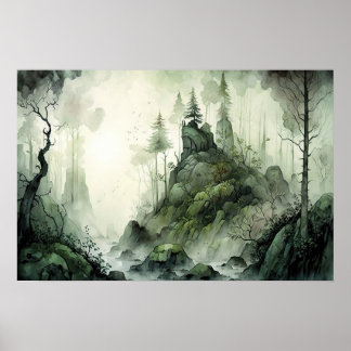 Mysterious Mist Forest Watercolor Poster