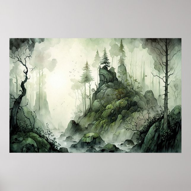 Mysterious Mist Forest Watercolor Poster (Front)