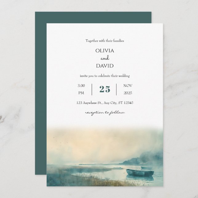 Mysterious Nautical Foggy Harbour Beach Wedding  Invitation (Front/Back)