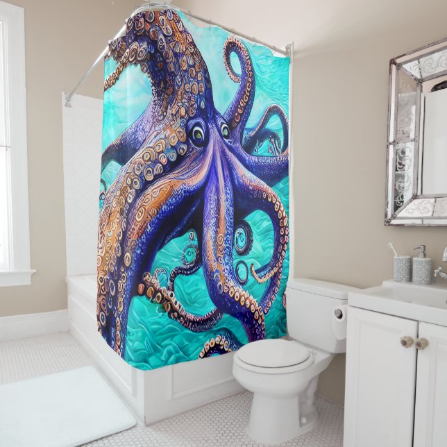 Mysterious Octopus Blue Ocean Wave Abstract Art Ha Shower Curtain (In Situ)