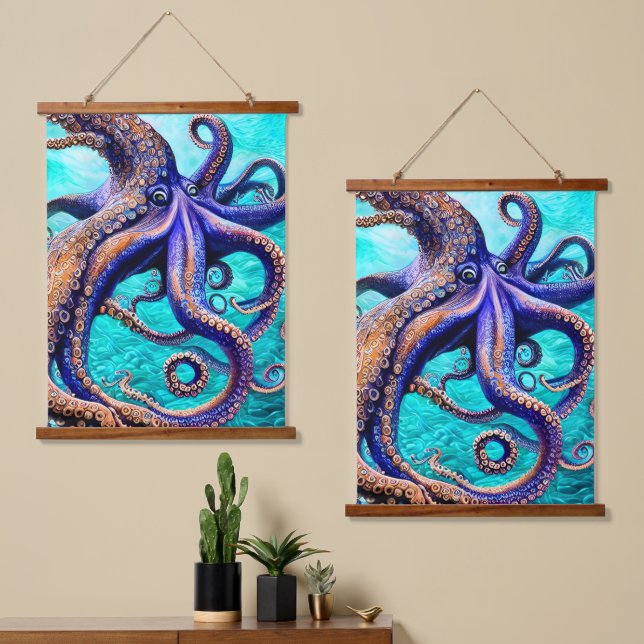 Mysterious Octopus Blue Ocean Wave Abstract Art Hanging Tapestry (Asymmetrical)