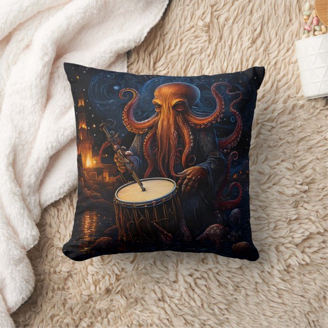 Mysterious Octopus Drummer Under Starry Night Cushion (Blanket)