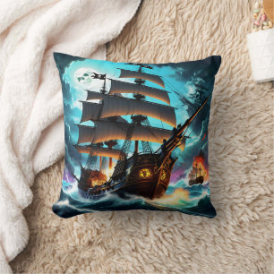 Mysterious Pirate Ship Sailing Through Stormy Seas Cushion