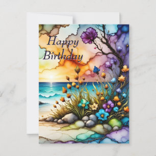 Mysterious Portal Floral Ocean Beach Birthday Postcard