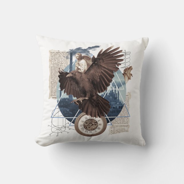 Mysterious Raven Collage – Vintage and Futuristic  Cushion (Front)