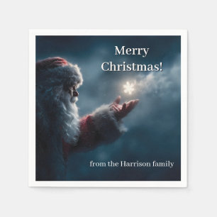 Mysterious Santa Claus Blowing a Glowing Snowflake Napkin