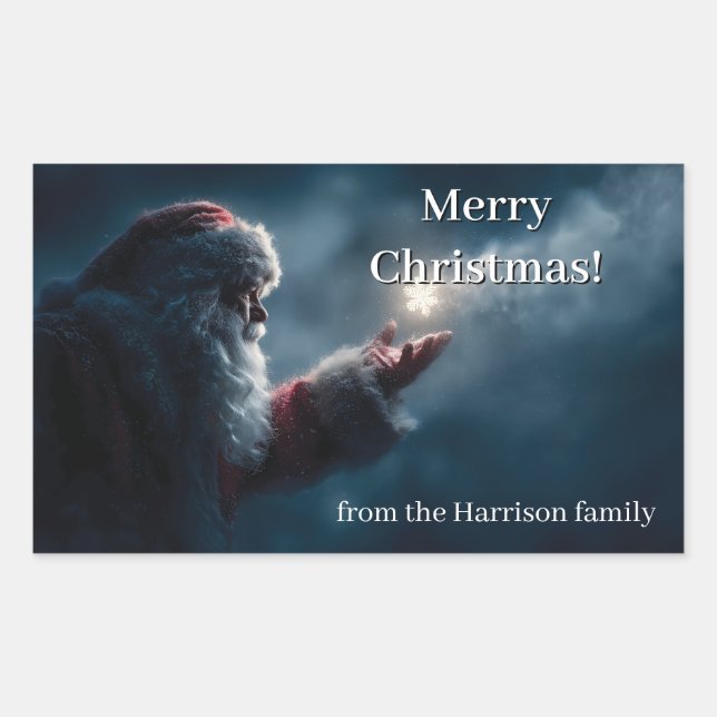 Mysterious Santa Claus Blowing a Glowing Snowflake Rectangular Sticker (Front)