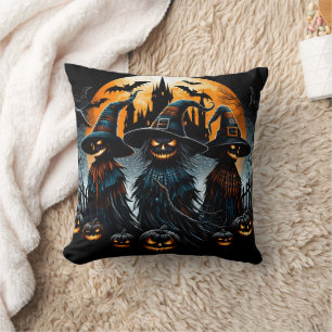Mysterious scarecrows under a glowing moonlit sky cushion