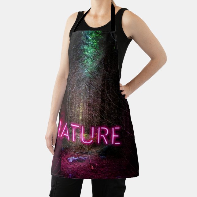 Mysterious spruce forest nature neon magenta sign apron (Insitu)