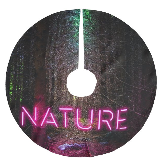 Mysterious spruce forest nature neon magenta sign brushed polyester tree skirt (Front)