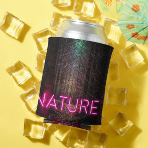 Mysterious spruce forest nature neon magenta sign can cooler