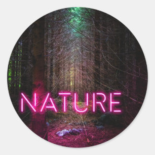 Mysterious spruce forest nature neon magenta sign classic round sticker