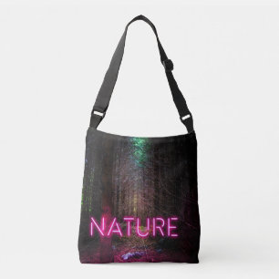 Mysterious spruce forest nature neon magenta sign crossbody bag