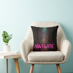 Mysterious spruce forest nature neon magenta sign cushion