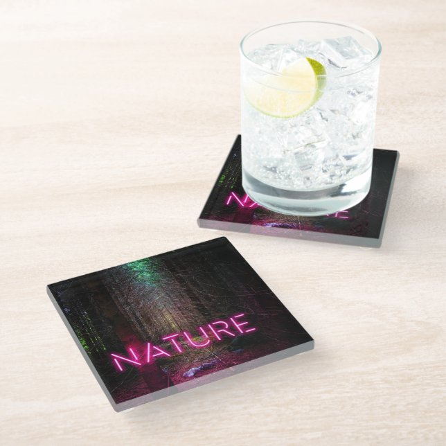 Mysterious spruce forest nature neon magenta sign glass coaster (Angled)