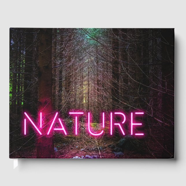 Mysterious spruce forest nature neon magenta sign guest book (Front)