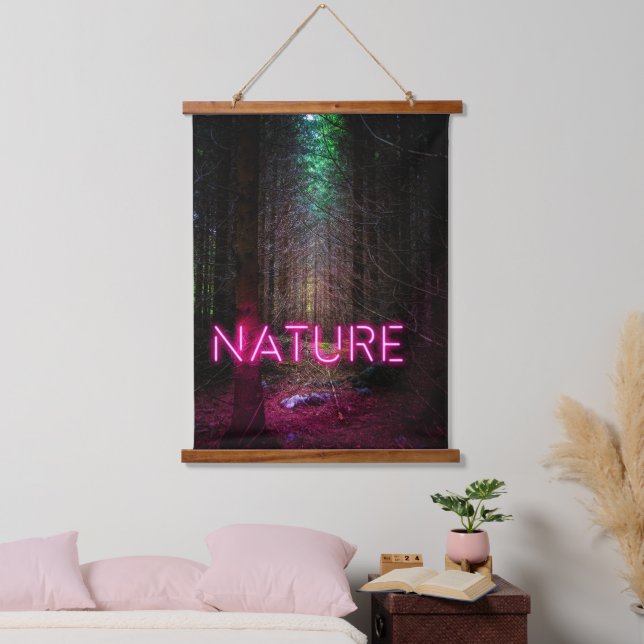 Mysterious spruce forest nature neon magenta sign hanging tapestry (Bedroom)