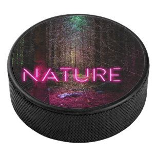 Mysterious spruce forest nature neon magenta sign hockey puck