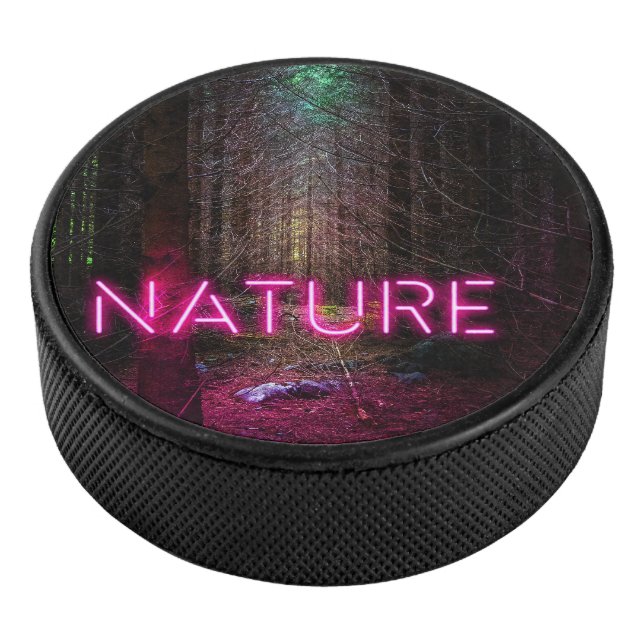 Mysterious spruce forest nature neon magenta sign hockey puck (3/4)