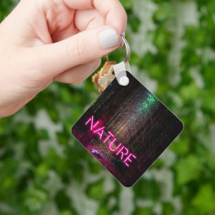 Mysterious spruce forest nature neon magenta sign key ring