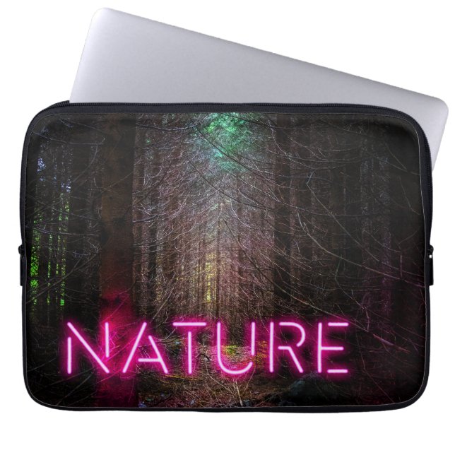 Mysterious spruce forest nature neon magenta sign laptop sleeve (Front)