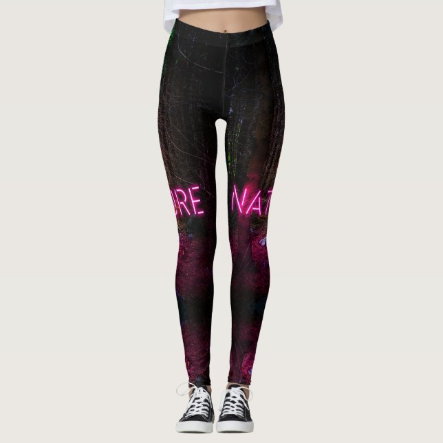 Mysterious spruce forest nature neon magenta sign leggings (Front)
