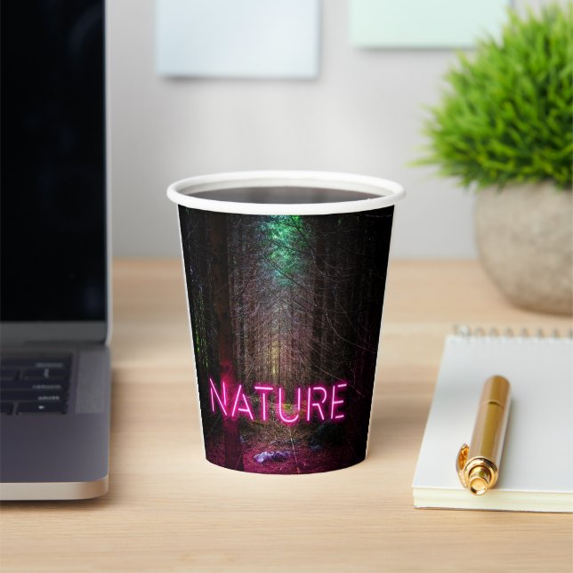 Mysterious spruce forest nature neon magenta sign paper cups (Insitu)