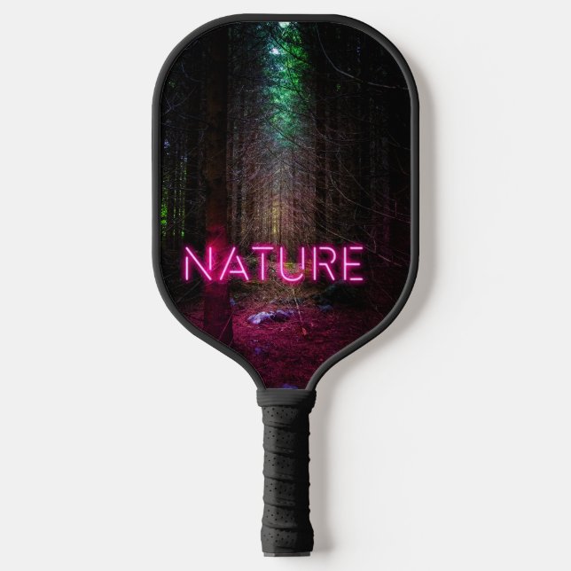 Mysterious spruce forest nature neon magenta sign pickleball paddle (Front)
