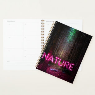 Mysterious spruce forest nature neon magenta sign planner