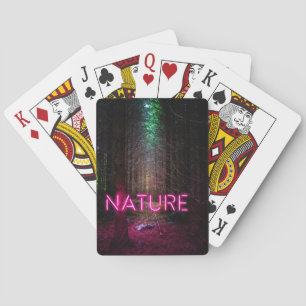 Mysterious spruce forest nature neon magenta sign playing cards