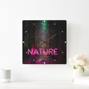 Mysterious spruce forest nature neon magenta sign square wall clock