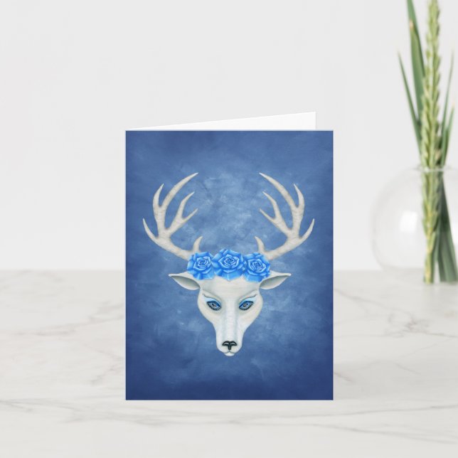 Mysterious White Deer Head Blue Eyes Antler Roses Card (Front)