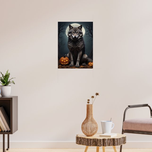 Mysterious Wolf with Pumpkin Halloween Art Poster (Living Room 3)