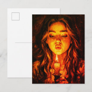 Mysterious Woman Blowing Candle Oil Painting Postcard