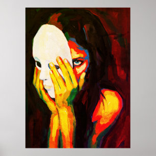Mysterious Woman Holding Mask Dramatic Oil Art Poster