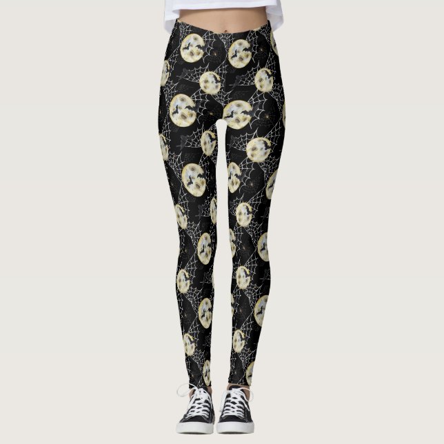 Mystery Bat & Moon Pattern Halloween Leggings (Front)