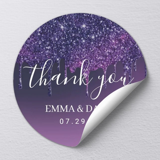 Mystery Purple Drips Modern Wedding Thank You  Classic Round Sticker (Creator Uploaded)