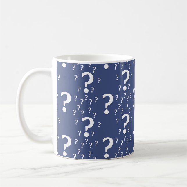 Mystery question mark riddle puzzle blue coffee mug (Left)
