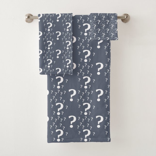 Mystery question mark riddle puzzle blue-grey bath towel set (Insitu)