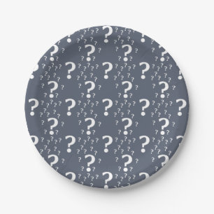 Mystery question mark riddle puzzle blue-grey paper plate