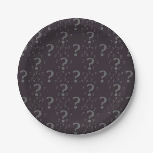 Mystery question mark riddle puzzle grey paper plate