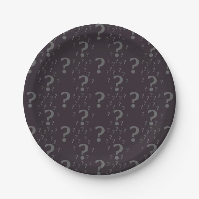 Mystery question mark riddle puzzle grey paper plate (Front)