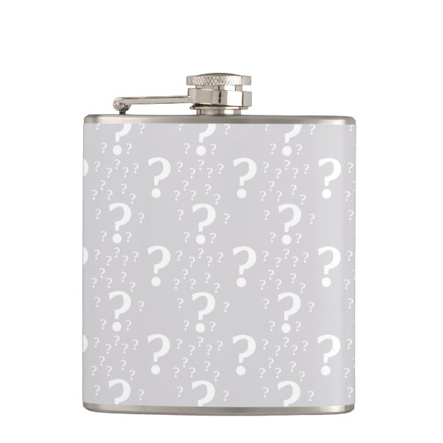 Mystery question mark riddle puzzle light gray hip flask (Front)