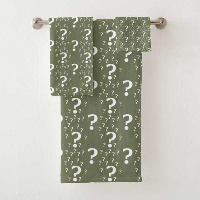 Mystery question mark riddle puzzle olive green bath towel set (Insitu)
